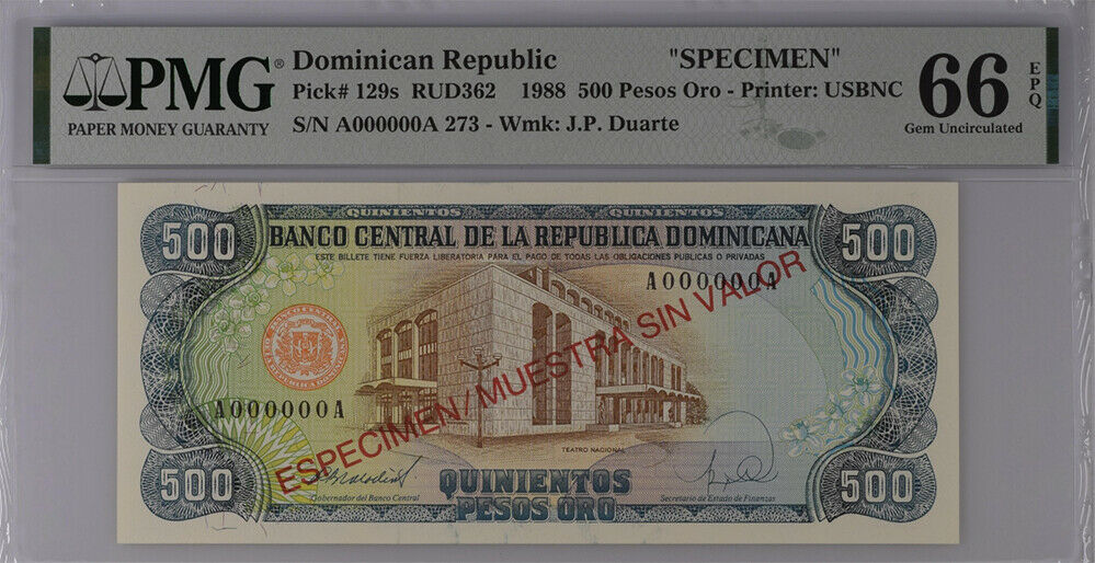 Dominican Republic 500 Pesos 1988 P 129 s SPECIMEN Gem UNC PMG 66 EPQ Top Pop
