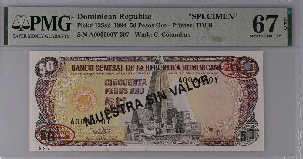 Dominican Republic 50 Pesos 1994 P 135s2 SPECIMEN Superb Gem UNC PMG 67 EPQ Top