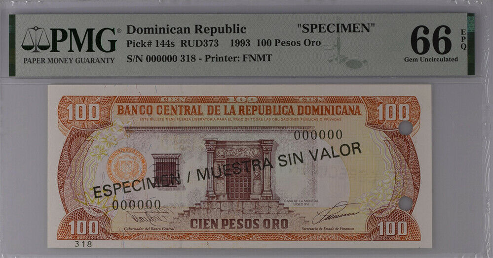 Dominican Republic 100 Pesos 1993 P 144 SPECIMEN Gem UNC PMG 66 EPQ Top Pop