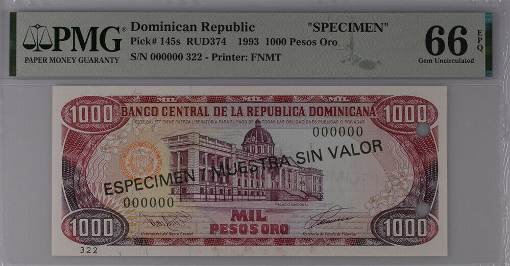 Dominican Republic 1000 Pesos 1993 P 145 s SPECIMEN Gem UNC PMG 66 EPQ Top Pop