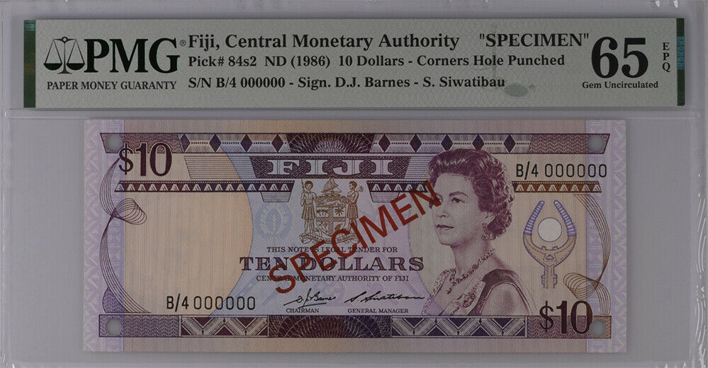 Fiji 10 Dollars ND 1986 P 84s2 SPECIMEN Gem UNC PMG 65 EPQ