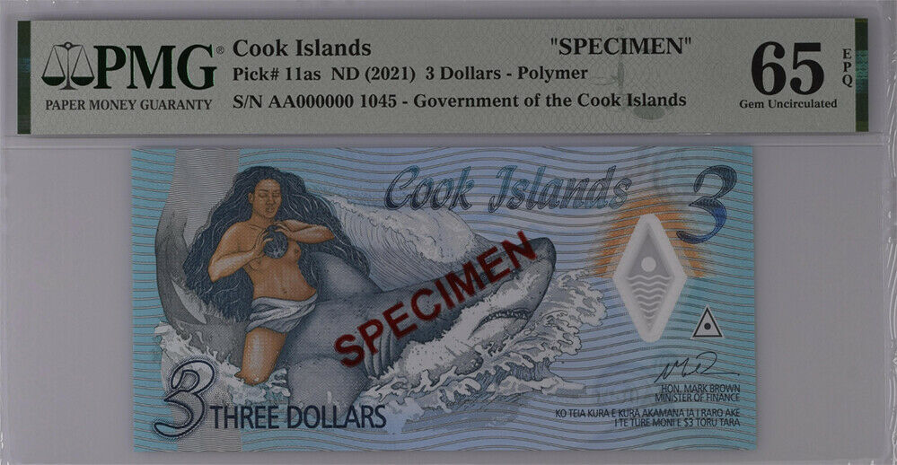 Cook Islands 3 Dollars ND 2021 P 11 s Specimen Gem UNC PMG 65 EPQ