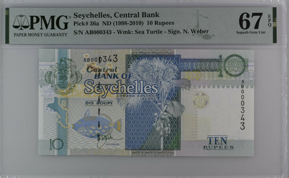 Seychelles 10 Rupees ND 1998-2010 P 36 a LOW # 343 Superb Gem UNC PMG 67 EPQ