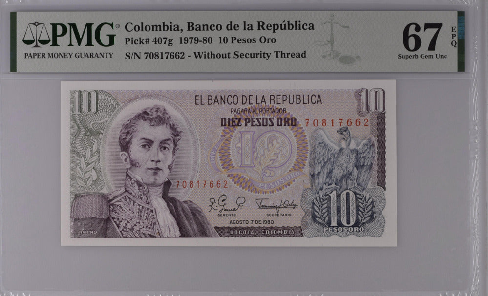 Colombia 10 Pesos 1980 P 407 g Superb GEM UNC PMG 67 EPQ