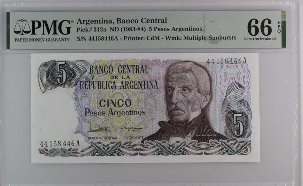 Argentina 5 Pesos Argentinos 1983/1984 P 312 a Gem UNC PMG 66 EPQ
