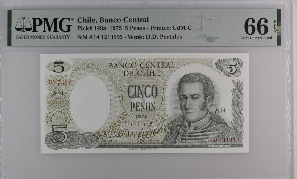 Chile 5 Pesos 1975 P 149 a Gem UNC PMG 66 EPQ