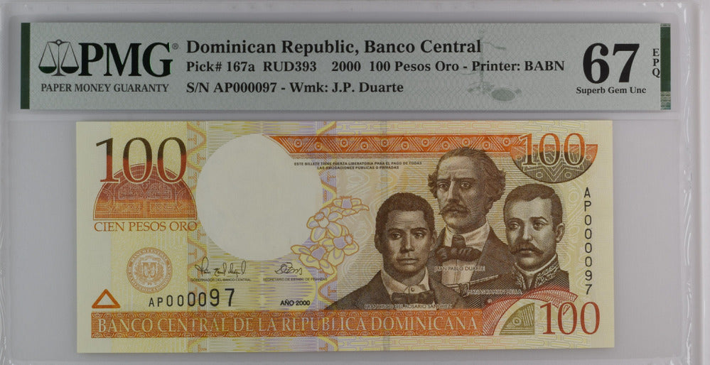 Dominican Republic 100 Pesos 2000 P 167 a Low # 97 Superb Gem UNC PMG 67 EPQ