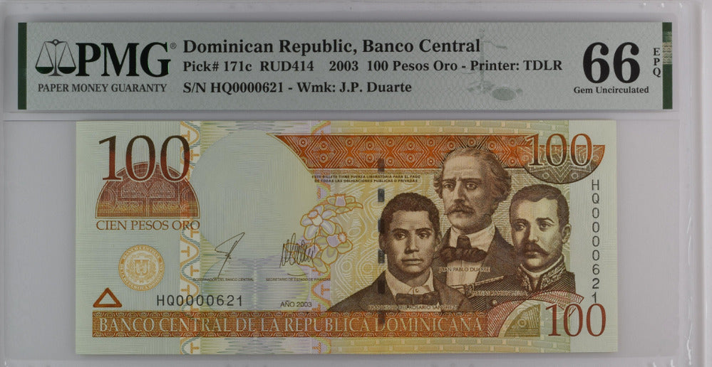 Dominican Republic 100 Pesos 2003 P 171 c #0000621 Gem UNC PMG 66 EPQ