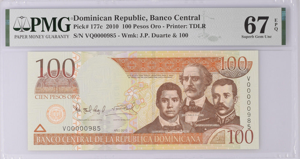 Dominican Republic 100 Pesos 2010 P 177 c Low 985 Superb Gem UNC PMG 67 EPQ Top