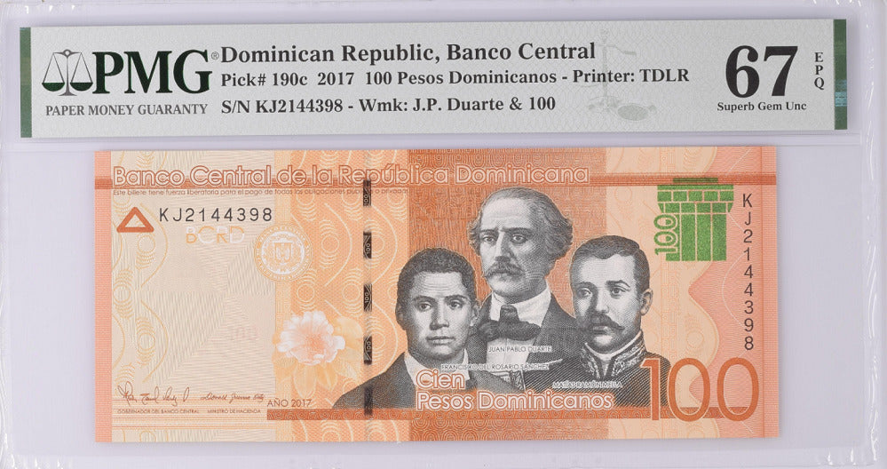 Dominican Republic 100 Pesos 2017 P 190 c Superb GEM UNC PMG 67 EPQ