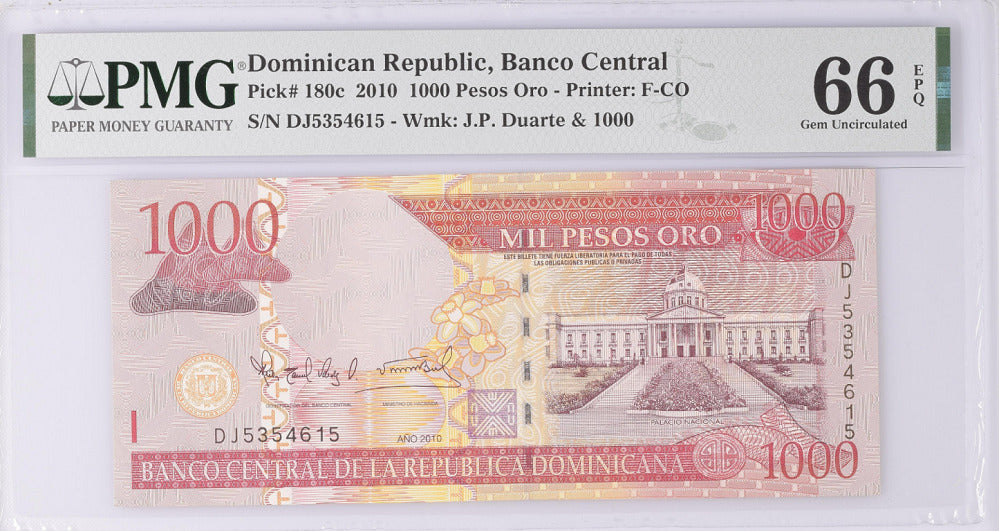 Dominican Republic 1000 Pesos 2010 P 180 c Gem UNC PMG 66 EPQ