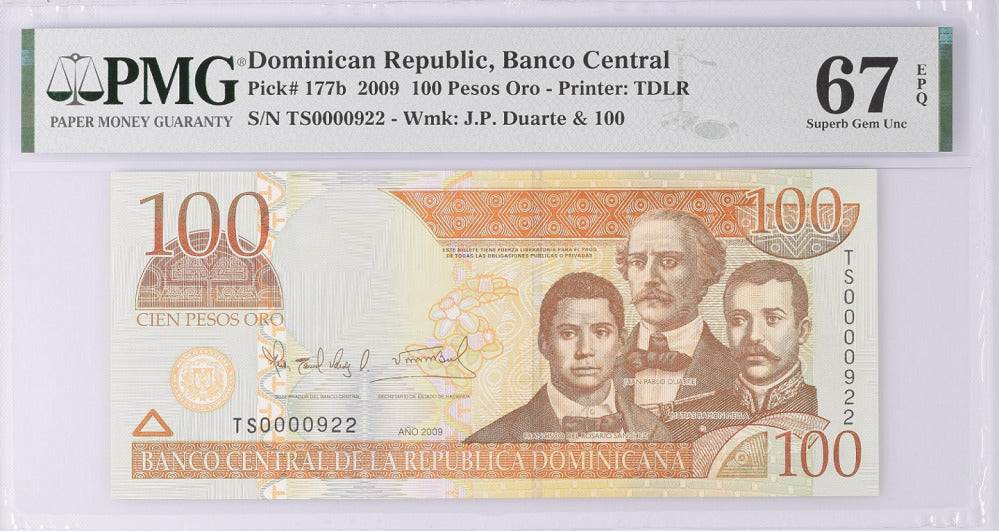 Dominican Republic 100 Pesos 2009 P 177 b Low 922 Superb Gem UNC PMG 67 EPQ Top