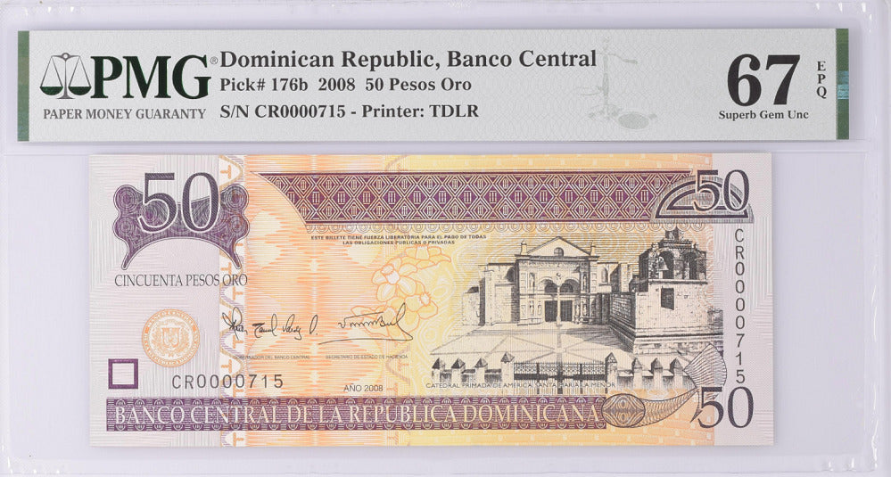 Dominican Republic 50 Pesos 2008 P 176 b Low # 715 Superb GEM UNC PMG 67 EPQ
