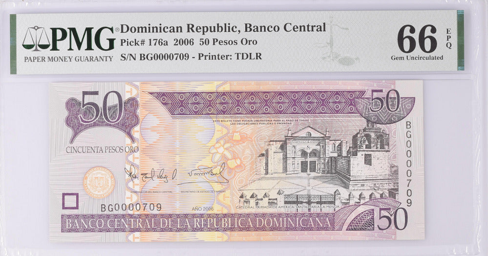 Dominican Republic 50 Pesos 2006 P 176 a Low # 709 GEM UNC PMG 66 EPQ