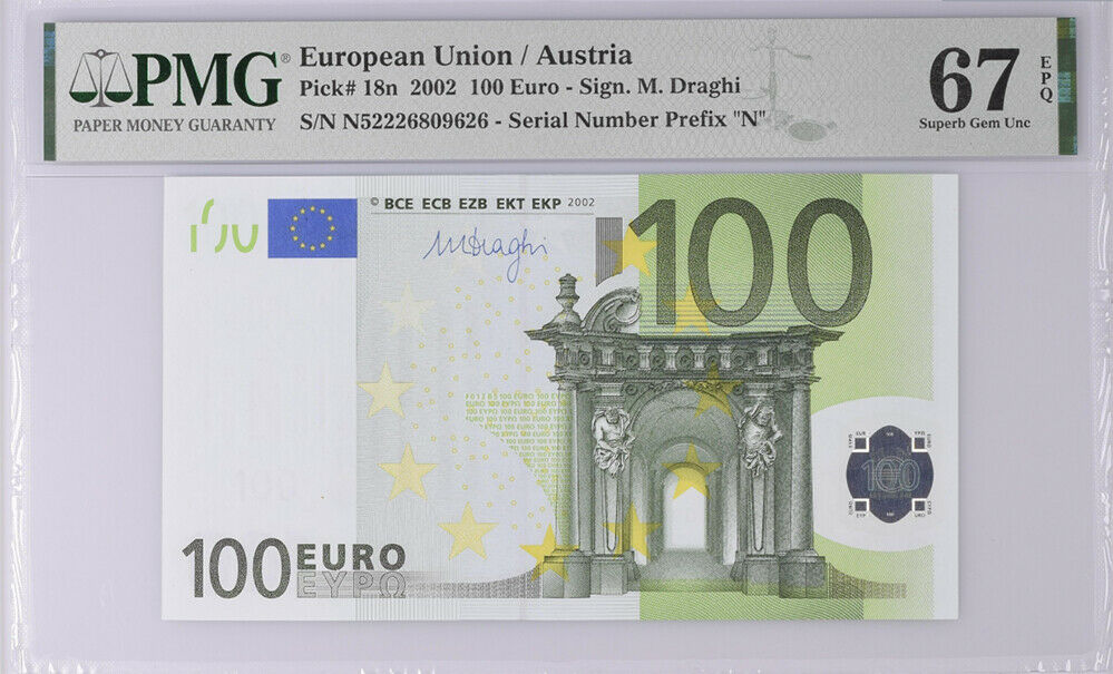 Euro 100 Euro Austria 2002 P 18 N Prefix Superb Gem UNC PMG 67 EPQ High