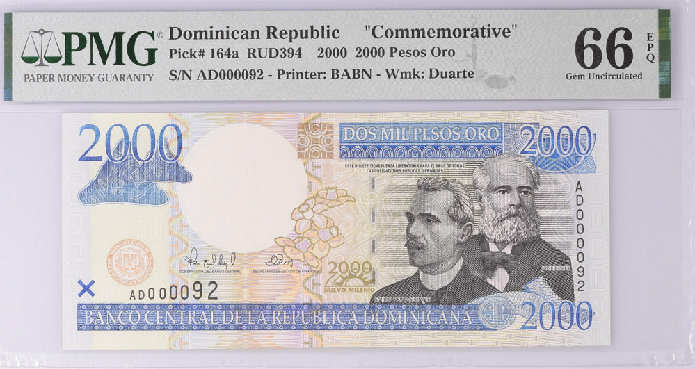 Dominican Republic 2000 Pesos 2000 MILLENNIUM P 164 a LOW 92 GEM UNC PMG 66 EPQ