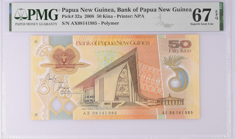 Papua New Guinea 50 Kina 2008 P 32 a Superb Gem UNC PMG 67 EPQ Top Pop