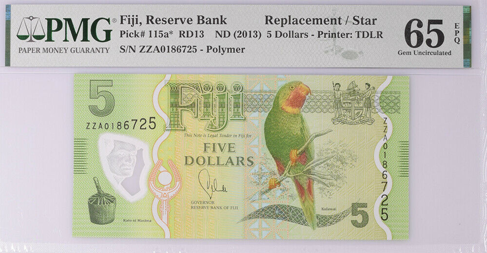 Fiji 5 Dollars ND 2013 P 115 a* Replacement Gem UNC PMG 65 EPQ