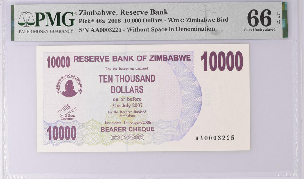 Zimbabwe 10000 Dollars 2006 P 46 a Gem UNC PMG 66 EPQ