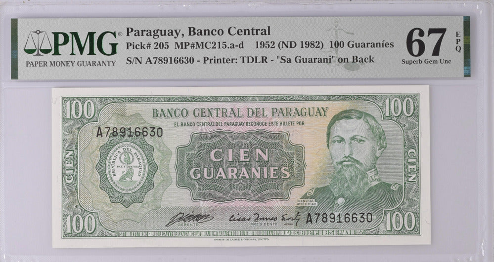 Paraguay 100 Guaranies 1952 P 205 Superb Gem UNC PMG 67 EPQ