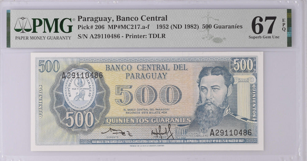 Paraguay 500 Guaranies 1952 ND 1982 P 206 Superb Gem UNC PMG 67 EPQ
