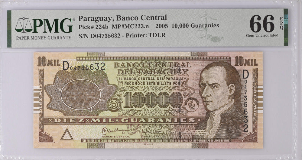 Paraguay 10000 Guaranies 2005 P 224 b Gem UNC PMG 66 EPQ Top Pop