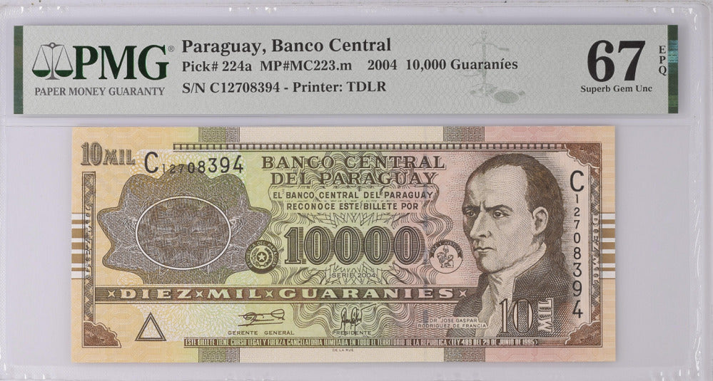Paraguay 10000 Guaranies 2004 P 224 a Superb Gem UNC PMG 67 EPQ Top Pop