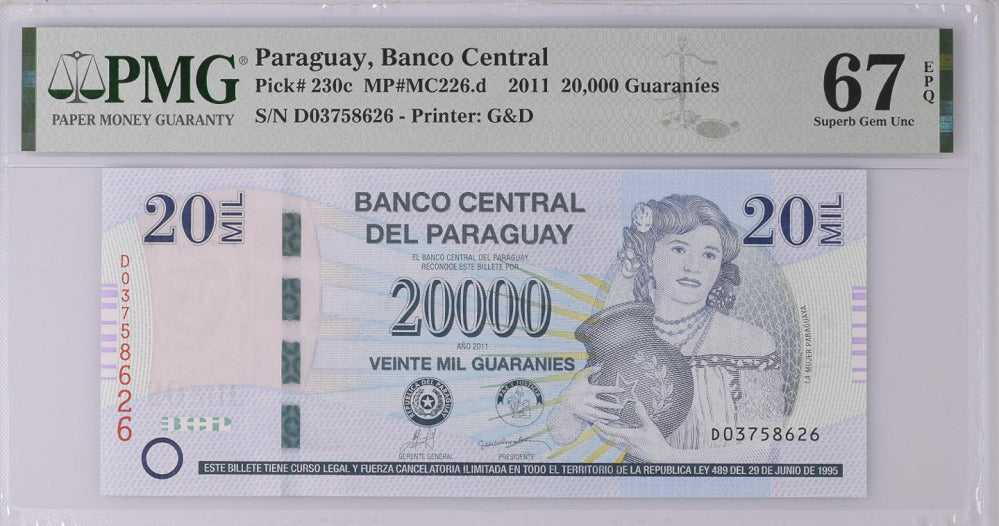 Paraguay 20000 Guaranies 2011 P 230 c Superb GEM UNC PMG 67 EPQ