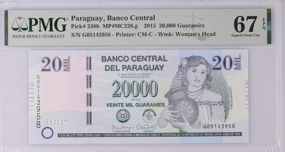 Paraguay 20000 Guaranies 2015 P 238 b Superb Gem UNC PMG 67 EPQ Top Pop