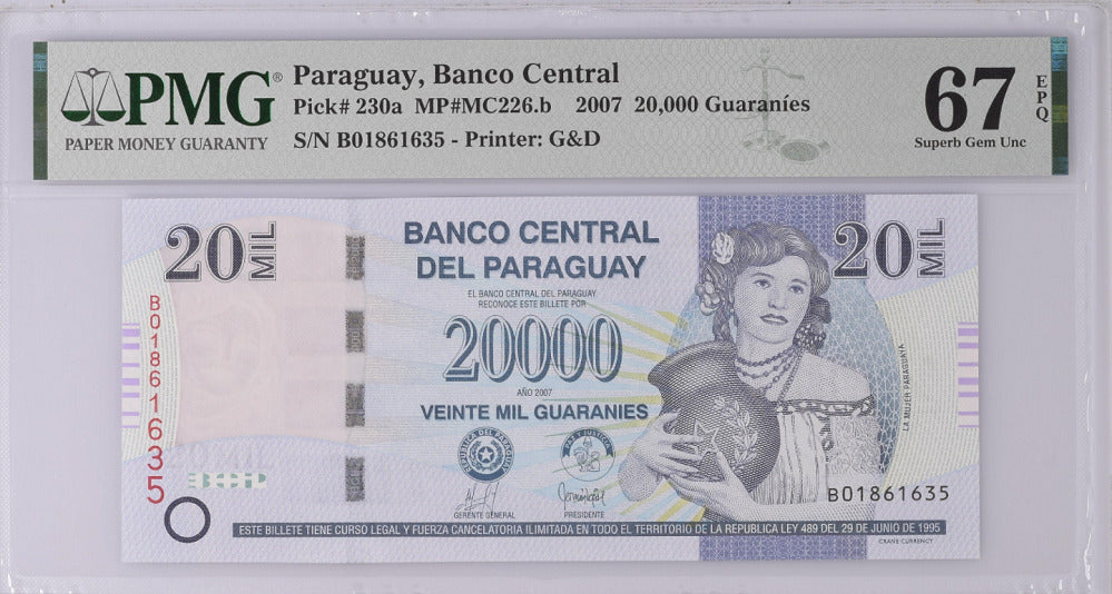 Paraguay 20000 Guaranies 2007 P 230 a Superb Gem UNC PMG 67 EPQ