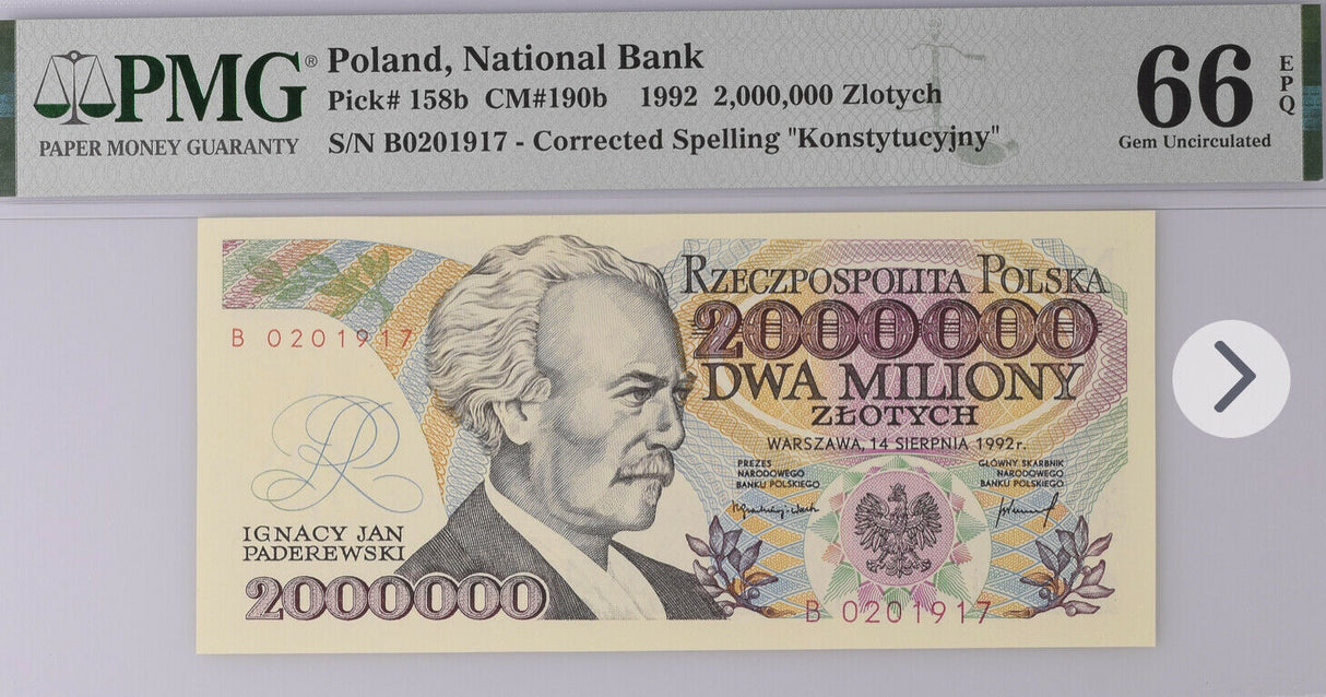 Poland 2000000 Zlotych 1992 P 158 b Corrected GEM UNC PMG 66 EPQ
