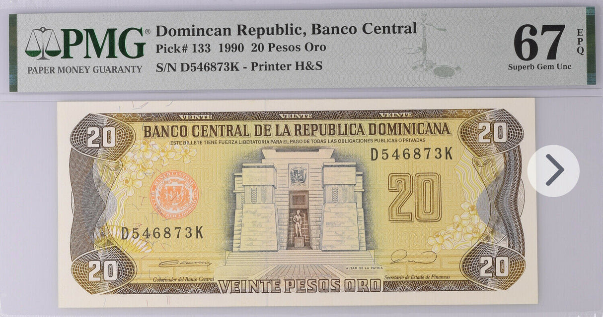 Dominican Republic 20 Pesos 1990 P 133 Superb Gem UNC PMG 67 EPQ Top Pop