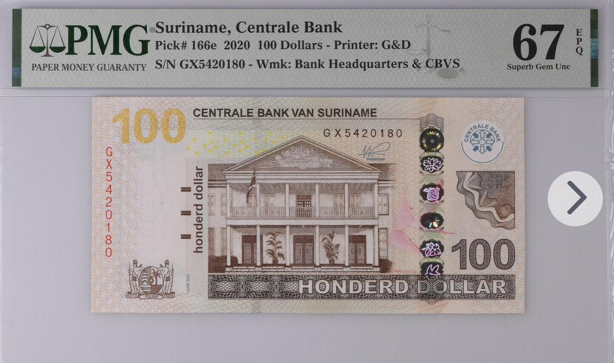 Suriname 100 Dollars 2020 P 166 e Superb Gem UNC PMG 67 EPQ Top