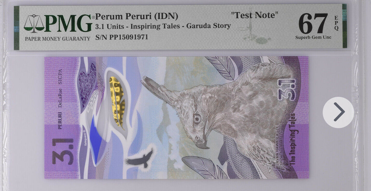 Indonesia Test Note 3.1 Perum Peruri Polymer Garuda Superb Gem UNC PMG 67 EPQ