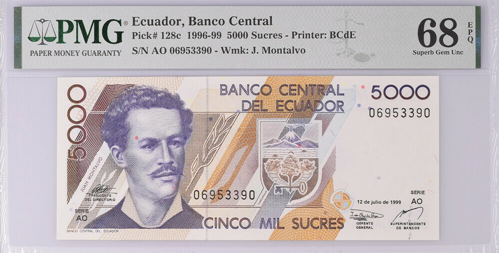 Ecuador 5000 Sucres 1996-1999 P 128 c SUPERB GEM UNC PMG 68 EPQ Top Pop