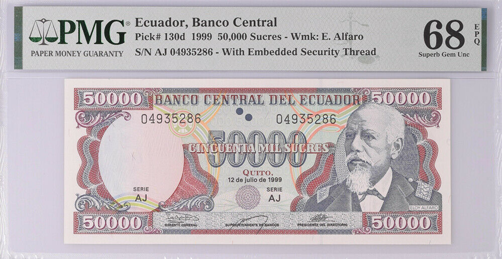 Ecuador 50000 Sucres 1999 July P 130 d Superb Gem UNC PMG 68 EPQ Top Pop