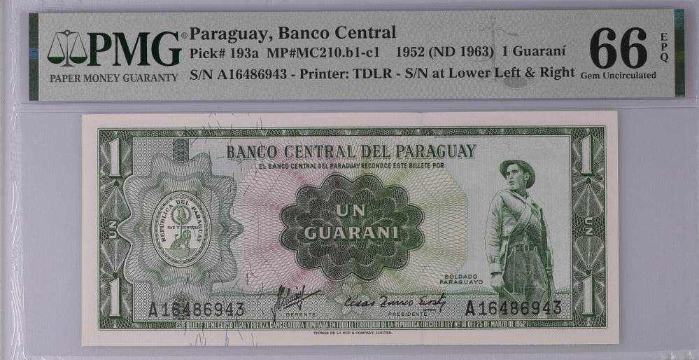 Paraguay 1 Guaranies 1952 ND 1963 P 193 a Gem UNC PMG 66 EPQ NLB