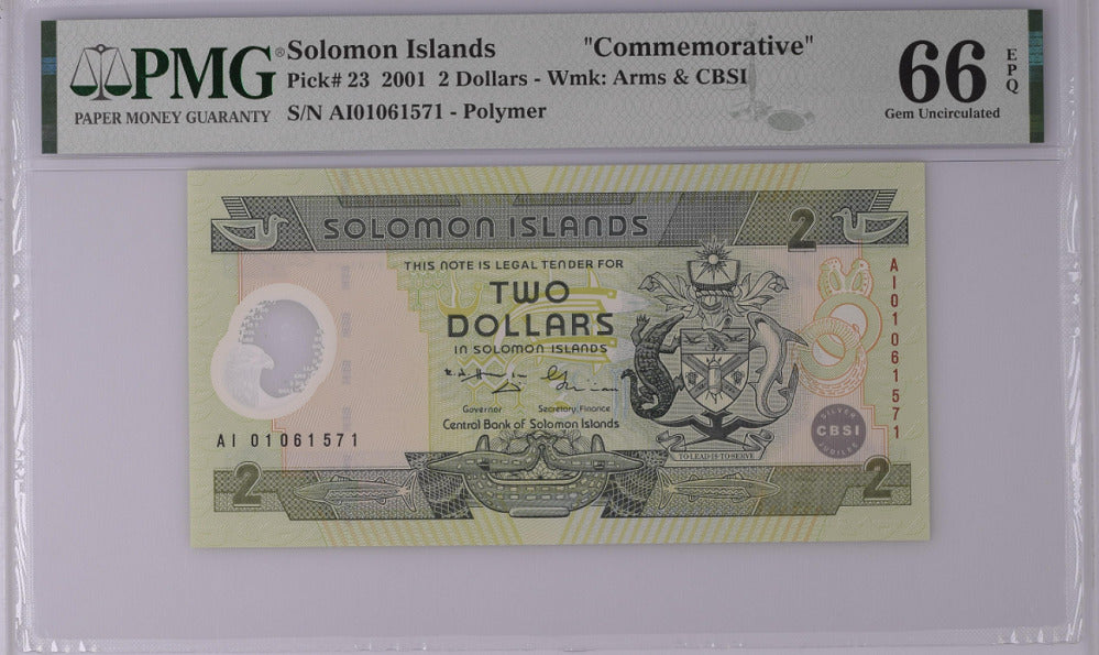 Solomon Islands 2 Dollars 2001 P 23 Polymer Gem UNC PMG 66 EPQ