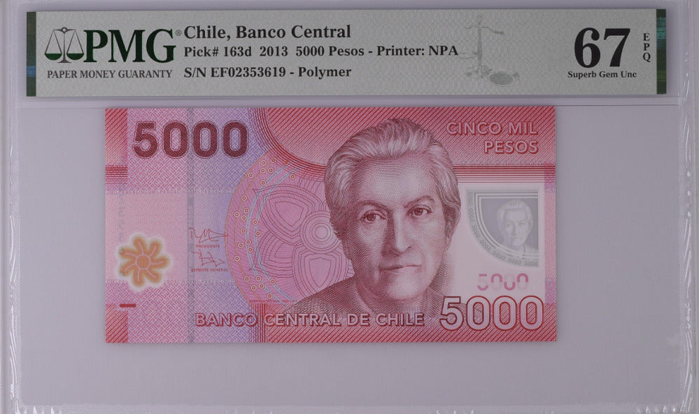 Chile 5000 Pesos 2013 P 163 d Polymer Superb Gem UNC PMG 67 EPQ