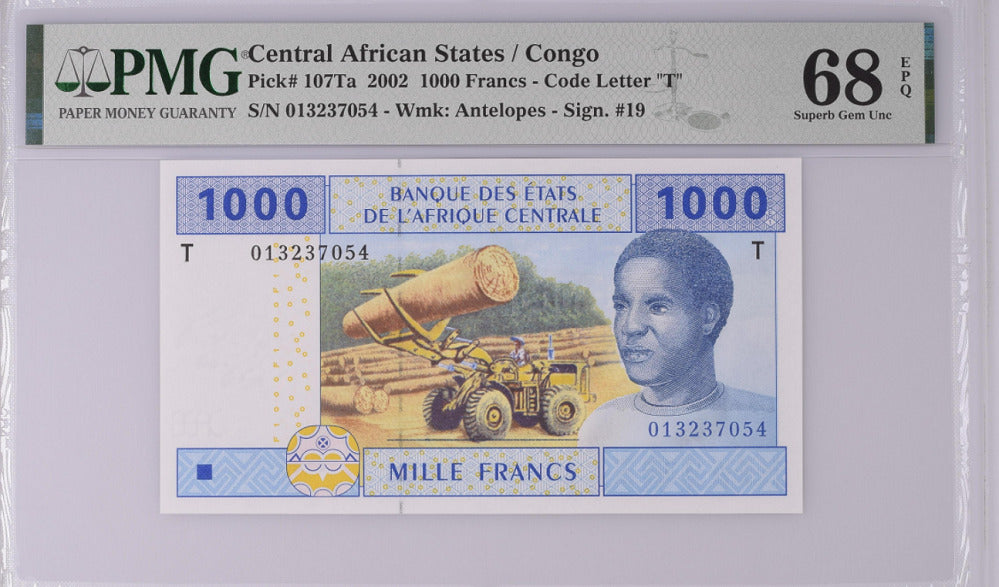 Central African States Congo 1000 FR. 2002 P 107Ta Superb Gem UNC PMG 68 EPQ Top