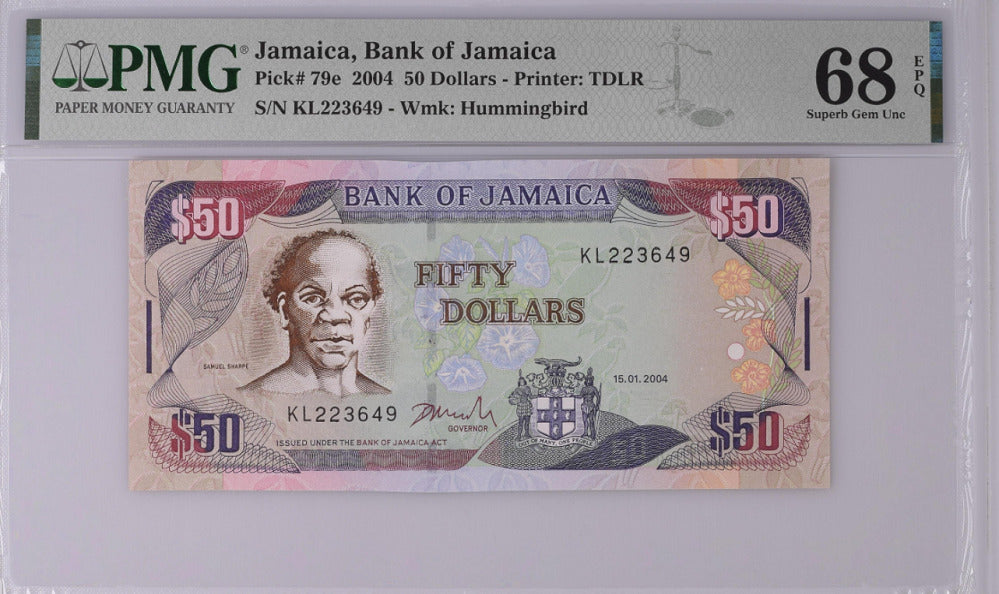 Jamaica 50 Dollars 2004 P 79 e Superb Gem UNC PMG 68 EPQ Top Pop