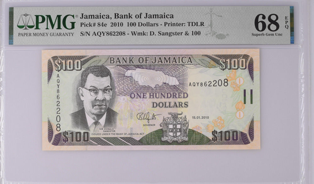 Jamaica 100 Dollars 2010 P 84 e Superb Gem UNC PMG 68 EPQ Top Pop