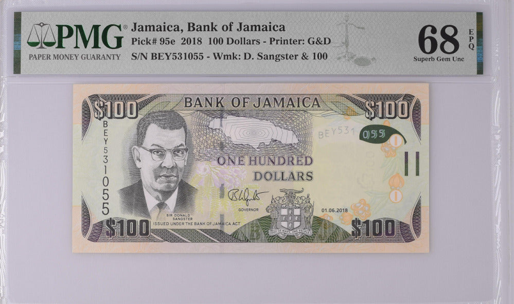 Jamaica 100 Dollars 2018 P 95 e Superb GEM UNC PMG 68 EPQ Top Pop