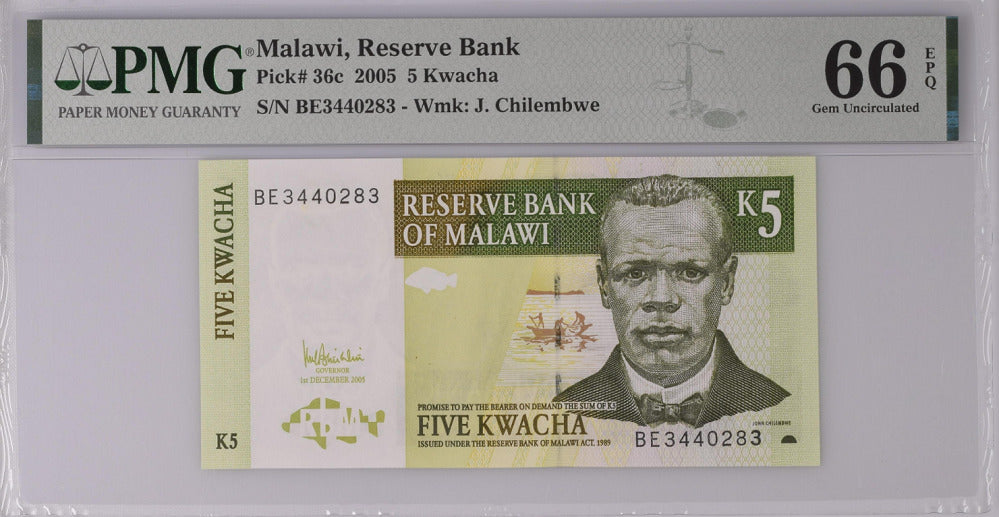Malawi 5 Kwacha 2005 P 36 c GEM UNC PMG 66 EPQ