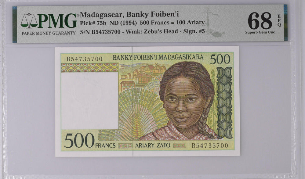 Madagascar 500 Francs = 100 Ariary ND 1994 P 75 b Superb Gem UNC PMG 68 EPQ