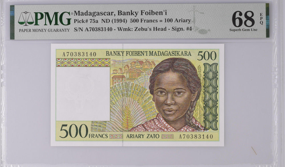 Madagascar 500 Francs = 100 Ariary ND 1994 P 75 a Superb Gem UNC PMG 68 EPQ