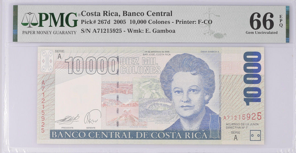 Costa Rica 10000 Colones 2005 P 267 d Gem UNC PMG 66 EPQ