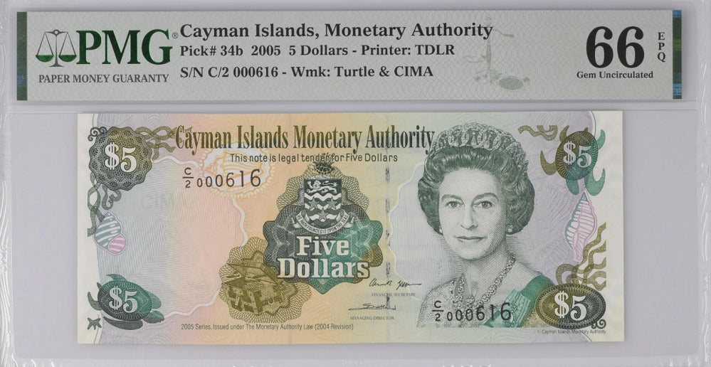 Cayman Islands 5 Dollars 2005 P 34 b Prefix D/2 Gem UNC PMG 66 EPQ