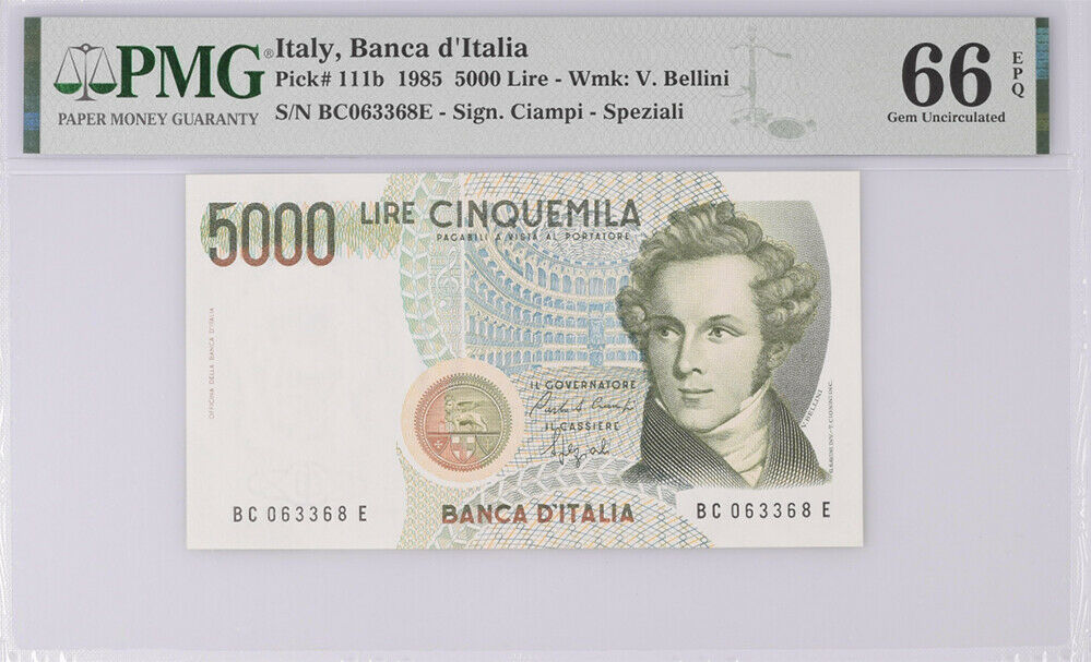 Italy 5000 Lire 1985 P 111 b Ciampi-Speziali Gem UNC PMG 66 EPQ NLB