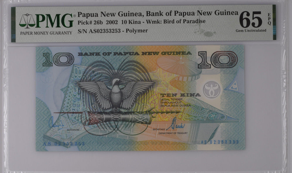 Papua New Guinea 10 Kina 2002 P 26 b Polymer Gem UNC PMG 65 EPQ